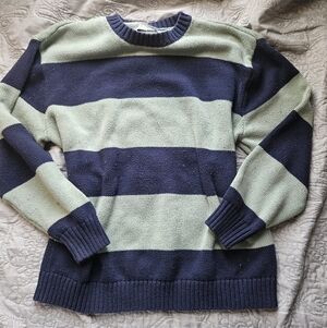 Hollister Navy and Light Green Striped Crewneck Sweater